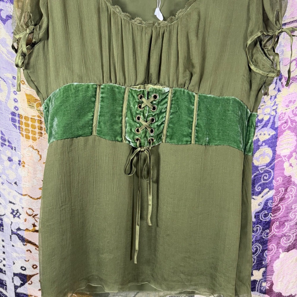 Silk Green Velvet Lace Up Corset Renfair Goth Fairy Babydoll Blouse Size XL - Picture 11 of 14